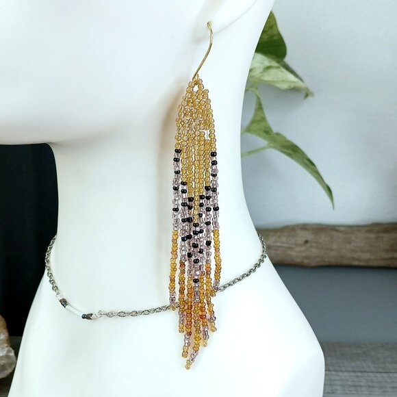 Long Beaded Fringe Dangle Earrings, Seed Bead Statement Boho Chic Jewelry 5.5" - Picture 1 of 10